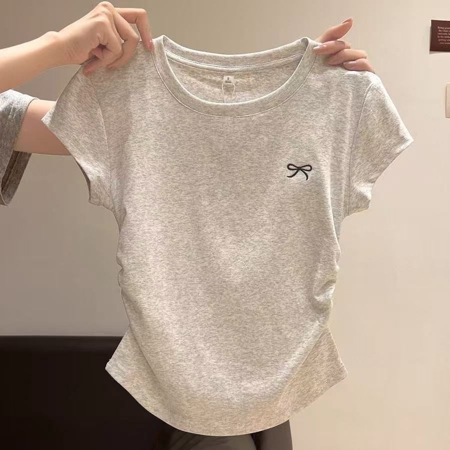 mori🎀mori純棉正肩圓領短袖T恤女夏季新款褶皺收腰設計感修身短款印花上衣