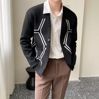 輕熟時尚商務休閒V領小外套男針織衫 提花編織高階黑色毛衣外套男款