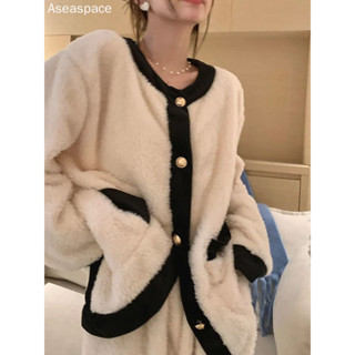 aseaspace.小香風小外套睡衣女秋冬珊瑚絨刷毛加厚保暖學生少女外出法蘭絨家居服套裝