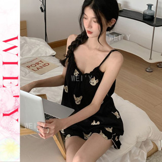 🌸WIE' Y🌸「卡通睡衣套裝」夏天睡衣 吊帶睡衣 大碼薄款帶胸墊睡衣女 甜美少女可愛休閒短褲家居服兩件套 韓國居家服