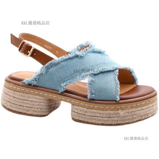 牛仔鞋！交叉草編涼鞋女2025夏季韓國復古小眾鬆糕厚底露趾中粗跟牛仔涼拖KKL優選精品店