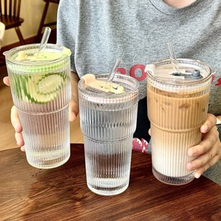 簡約豎條紋玻璃杯配吸管家用手提杯