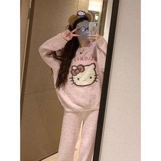 [現貨]少女可愛甜美KT貓珊瑚絨睡衣女 冬季新款居家服 卡通印花 甜美減齡 法蘭絨保暖加厚家居服兩件套裝
