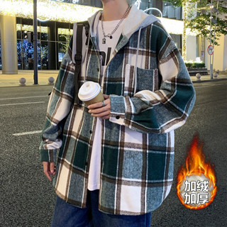 男士毛呢大衣外套英倫風格子連帽毛呢襯衫外套港風格紋刷毛加厚保暖韓版素色簡約呢外套男上衣