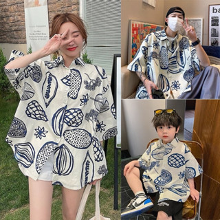 現貨 沙灘服 趕海 夏威夷風襯衫 親子裝一家三口花襯衫 新款夏裝沙灘度假洋氣母子母女裝襯衣潮
