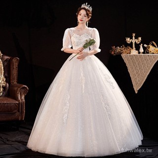 批髮主婚紗禮服2025新款新娘宮廷風大碼小個簡約齊地泡泡袖紗廠家