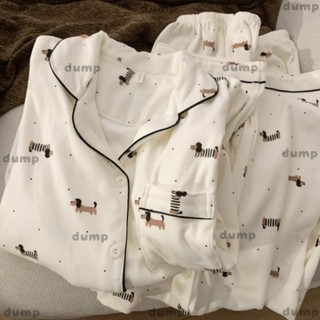 臺灣出貨⭐dump[]鼕季保暖德絨睡衣女 韓版ins風長袖薄絨居傢服 卡通可愛斑點臘腸狗睡衣兩件套 保暖甜美大尺碼傢居服
