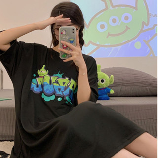 短袖睡裙女 韓版ins風睡衣 oversize 寬鬆卡通大尺碼可外穿長裙 女版居家睡衣裙