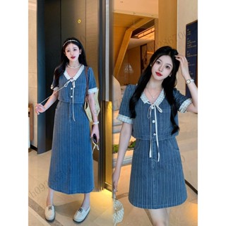 h09286700大促夏季大尺碼洋裝女、日韓係胖MM法式V領假兩件復古牛仔洋裝閨蜜裙
