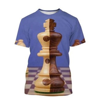 國際象棋圖案 T 恤 3D 列印設計時尚 O 領短袖多種款式 T 恤透氣柔軟 2024 夏季上衣