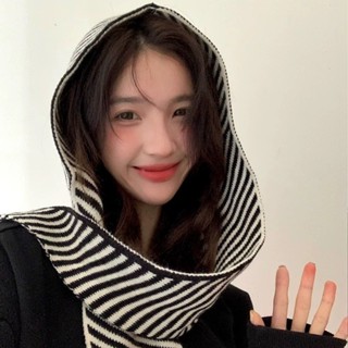 [lucky女裝]多種風格秋冬韓版條紋帽子圍巾一體女保暖披肩圍脖毛綫針織帽連帽