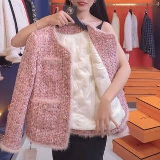 【遇見衣櫥】粉色小香風 羽絨內膽 白鴨絨 外套女 冬季新款 高階 粗花呢 名媛風 上衣女 設計感 溫暖風 小個子