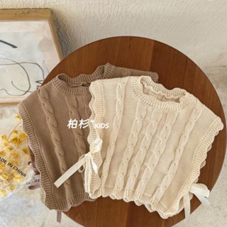 [兩件促銷]韓版童裝 韓國秋冬女童織帶針織馬甲 兒童純色百搭無袖套頭衫 女童洋氣背心 小童坎肩純色毛衣外套 正韓5