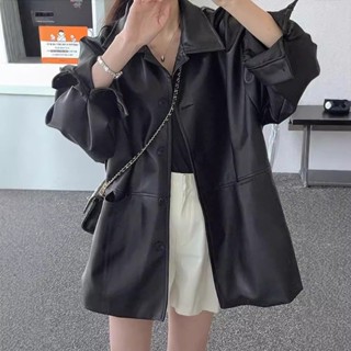 夾克 皮衣 秋冬外套 仿皮夾克 韓國帥氣翻領單排扣皮衣外套女 秋季新款寬鬆百搭仿皮夾克上衣