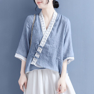 民國風復古茶服女 民族風 夏季女裝 蕾絲斜襟盤扣抽繩七分袖襯衫女 假兩件棉麻上衣 SJ1X
