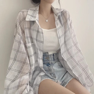 3N 韓國chic夏季翻領寬鬆休閒薄款長袖格子襯衫外套女