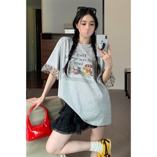 {全網最低價} 嚴選卡通印花灰色短袖T恤女夏季寬鬆蕾絲拼接韓版中長款圓領百搭上衣創新