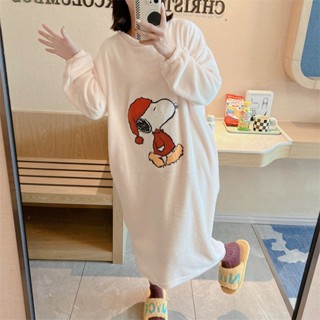 臺灣出貨 多款冬季法蘭絨睡裙女 中長款過膝珊瑚絨長袖可愛史努比睡衣家居服 女士保暖居家睡衣裙