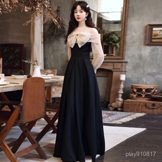 [生活精選]宴會晚禮服裙新款長袖氣質露肩平時可穿黑色優雅年會晚禮服洋裝