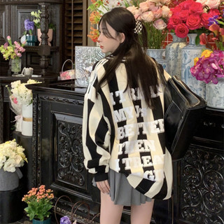 V領條紋棒球撞色長袖寬鬆衛衣女秋季新款運動休閒中長款上衣 XLMF