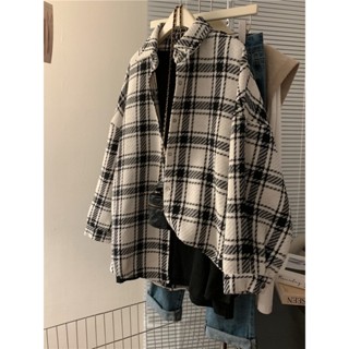 【Season Wardrobe】黑白格子polo領長袖襯衫外套女春秋季新款寬鬆大碼襯衣上衣