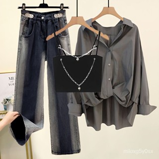臺灣有貨【新竹出貨】大碼女裝夏季套裝女2025新款遮肉顯瘦寬鬆襯衫弔帶牛仔褲三件套潮顧家生活館