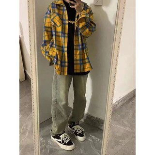 美式復古黃色格子襯衫男女寬鬆oversize潮牌長袖襯衫外套