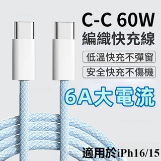 新款 雙typec充電線 炫彩編織數據線 60W 6A超級快充 USB數據線 適用於iPhone全系列 安卓充電線