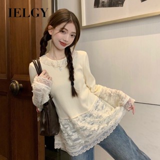 ielgy 甜美蕾絲 t 恤女式長袖別緻修身上衣