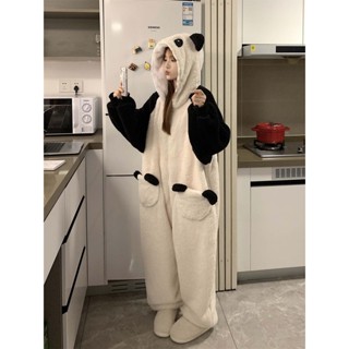 睡衣女 睡袍 大碼法蘭絨 珊瑚絨睡衣 睡衣2024新款可愛小熊貓加絨加厚連體睡衣冬季女款珊瑚絨家居服可外穿
