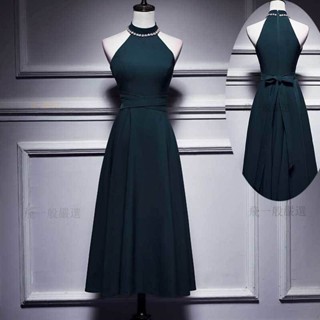 桃園出低折扣女士中長款法式氣質名媛聚會晚禮服 主持人修身顯瘦連身裙 藝考性感掛脖表演服 慈善晚會化妝舞會晚禮服