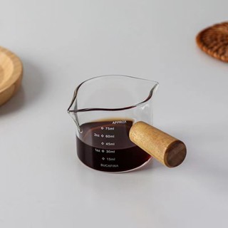 【咖啡配件裝備】小眾設計萃取濃縮咖啡木把手柄刻度玻璃耐熱迷你小奶盅調料倒奶罐
