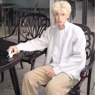 灰色立領雙拉鍊毛衣男 潮秋季韓版簡約素色高階感小外套外套