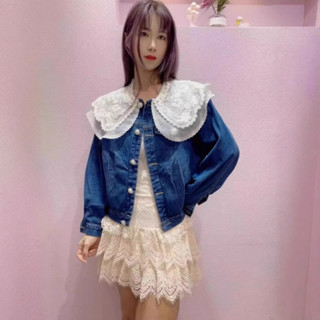 ParrotFashion韓國女裝2025年秋冬季雙層釘珠蕾絲花披肩領顯瘦百搭牛仔短外套