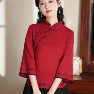 【店鋪熱銷】新中式大尺碼民國風復古風刺繡旗袍唐裝復古茶藝服中國風上衣女棉麻