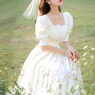 ⚡[MOMO新娘婚紗][免運][限時下殺]領證登記輕婚紗白色晚禮服時尚氣質訂婚連衣裙平時可穿小白裙法式