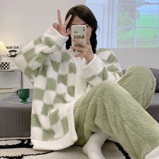 法蘭絨睡衣珊瑚絨居家服寬鬆套裝睡衣女冬季[D1019]秋冬新款加厚珊瑚絨睡衣女網紅風可外穿休閒開衫法蘭絨家居服套裝