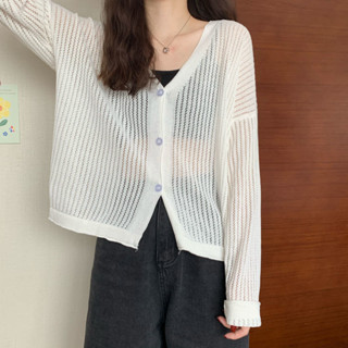 《現貨下單》夏季寬鬆百搭V領鏤空薄款長袖防曬針織小外套女法式上衣空調衫外套上衣針織小外套針織上衣針織長袖針織薄外套女生外
