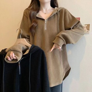L-4XL 大尺碼春秋連帽衛衣女韓版寬松胖妹妹中長款遮肉上衣女外套潮
