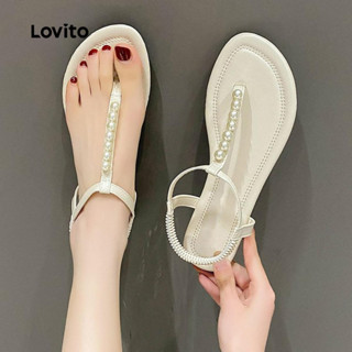 Lovito 休閒素色珍珠仙女丁字褲防滑外穿平底涼鞋 女式 LFA75010