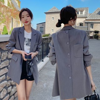 流行素色鈕扣中長款小西裝外套女新款設計感休閒西裝