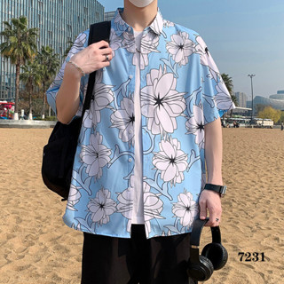 現貨 男士短袖襯衫港風大尺碼ins日系印花透氣排汗夏威夷海灘短袖襯衫青少年花襯衫男上衣