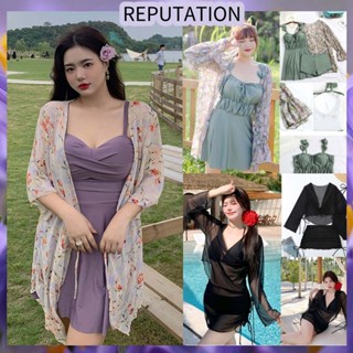 REPUTATION 韓國大尺碼泳衣女 微胖甜美速乾碎花比基尼+防曬罩衫分體三件式 大胸深v大尺碼泳裝 海邊度假