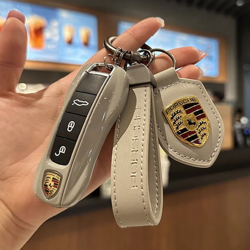 保時捷卡宴啞灰色鑰匙殼 適用於Macan 帕拉梅拉 718 Taycan 911 盾牌扣 新車禮物