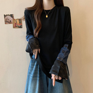實拍2024秋季新款大碼女裝胖mm牛仔拚接重工刺繡中式寬鬆T恤上衣
