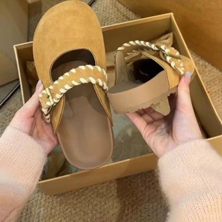 厚底小眾一腳蹬懶人鞋女夏季新款包頭半拖鞋皮帶扣時尚勃肯鞋 快速出貨
