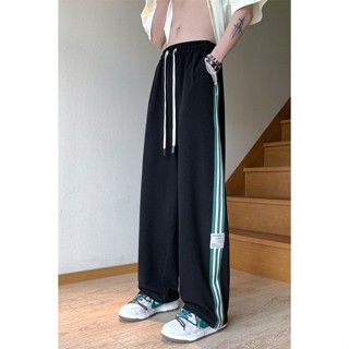《現貨下單》美式條紋休閒褲子女夏季薄款寬鬆百搭寬褲oversize運動褲男女潮寬褲長褲