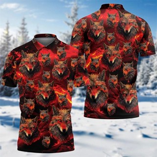 男士潮流狼圖案 Polo 衫時尚夏季 3D 動物印花短袖 Polo 衫酷街頭服飾嘻哈上衣