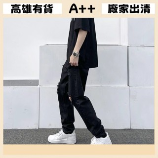 [A+優選]高雄出貨 韓版男裝 潮流男士 高街破洞牛仔褲黑色夏季顯瘦直筒小腳 直筒褲 高街 微喇叭褲 黑色牛仔褲 牛仔褲
