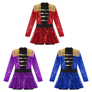 Jhaoyu 兒童女孩 Ringmaster Circus Dance 服裝長袖流蘇肩章閃亮亮片連衣裙連身衣服裝萬聖節角